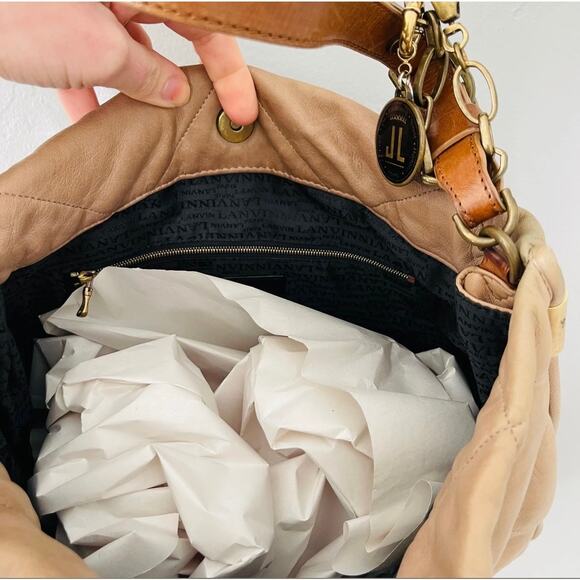 Lanvin Paris Quilted Tan Leather Shoulder Bag with Charm - Designer Luxury Purse - Picture 8 of 9